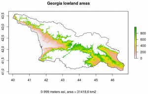 Map of all regions in Georgia between 0 and 999 m above sea level.