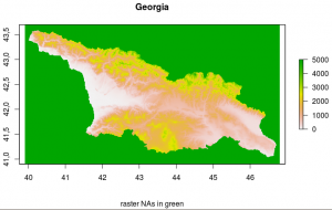 Raster of SRTM data of Georgia. The raster's NA values are colored green. These need to be delected from the raster in order to calculate the country area.